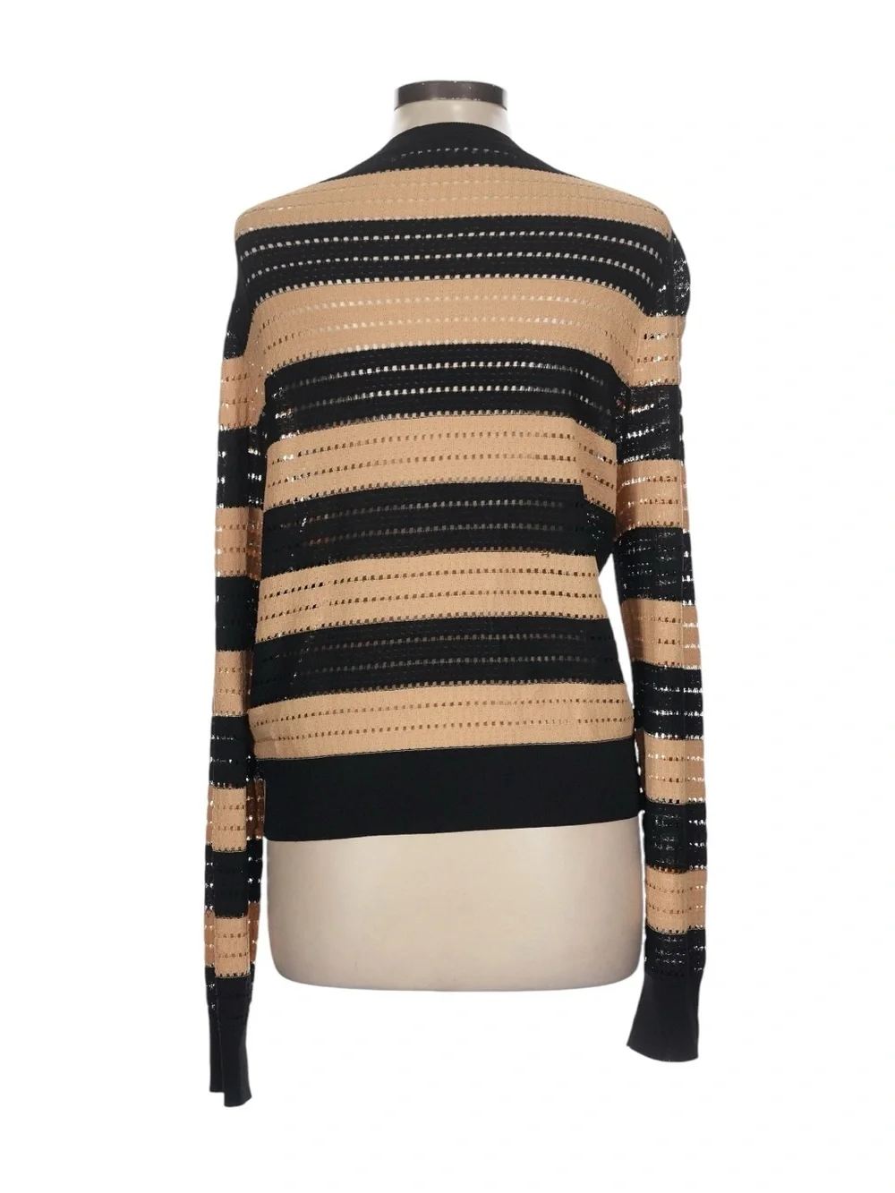 J. Crew Pointelle Stitch Cardigan in Stripe Size Large Tan Black Workwear Office